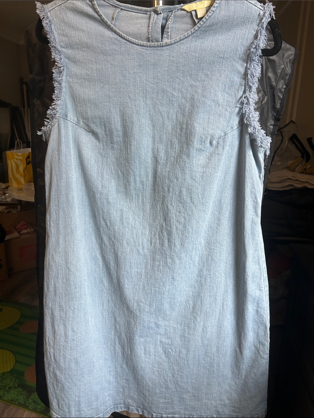 Sleeveless Light Blue Denim Shift Dress with Fringed Armholes